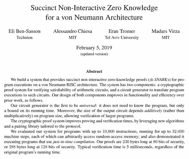 Succinct Non-Interactive zero knowledge for a von neumann architecture